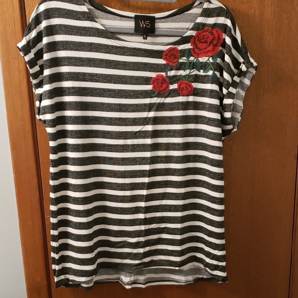 W5 Striped Tee with Red Floral Detail